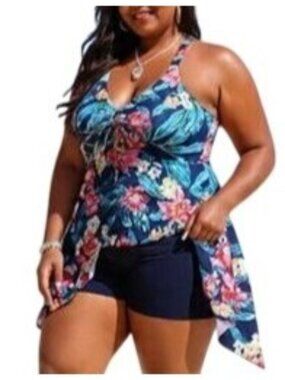 Hanna Nikole Plus Size 18W Swim Dress One Piece Floral Blue Built-In Shorts